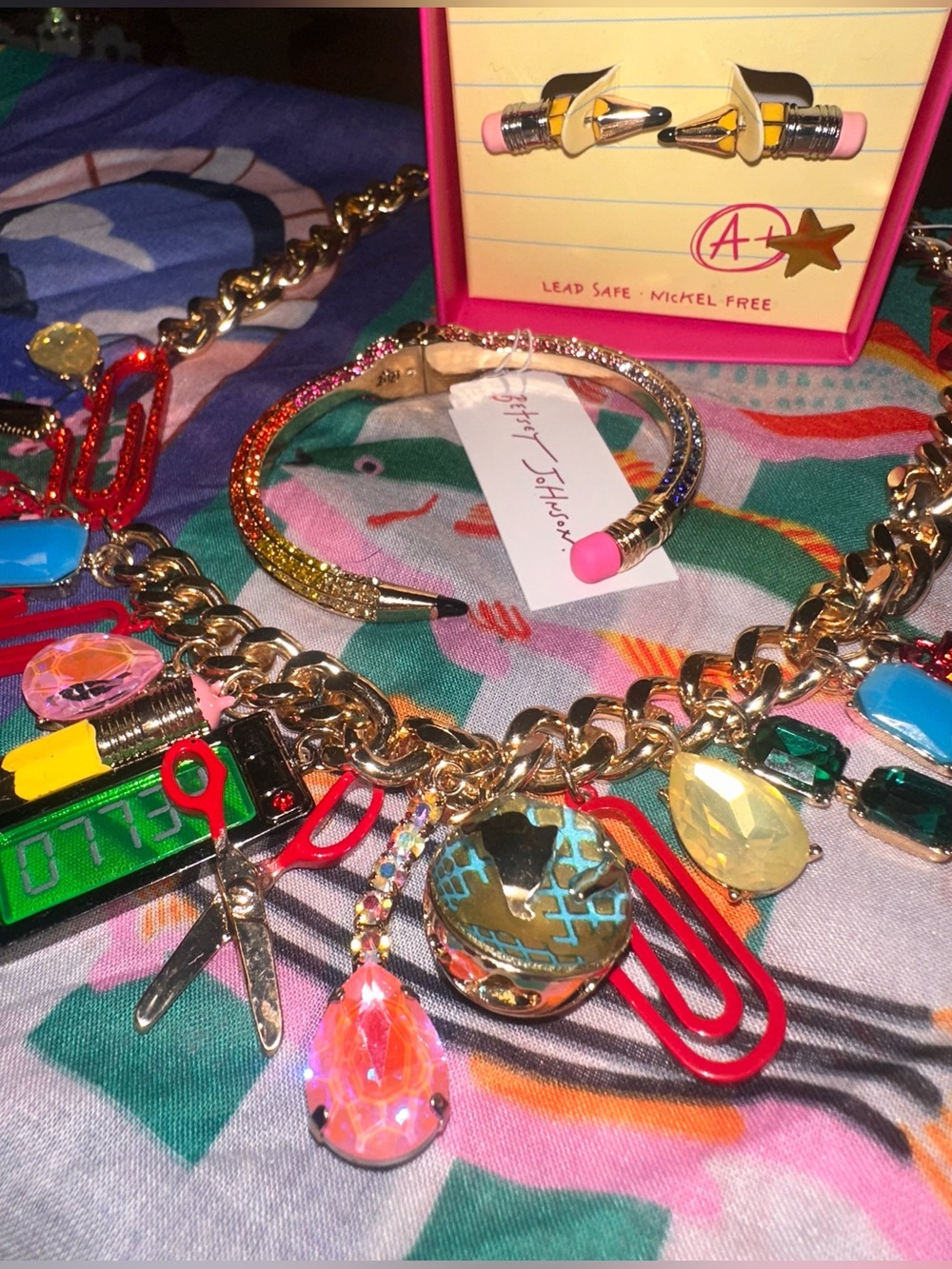 NWT Betsey Johnson Back 2 School Necklace, Pencil Bracelet And Earrings Set